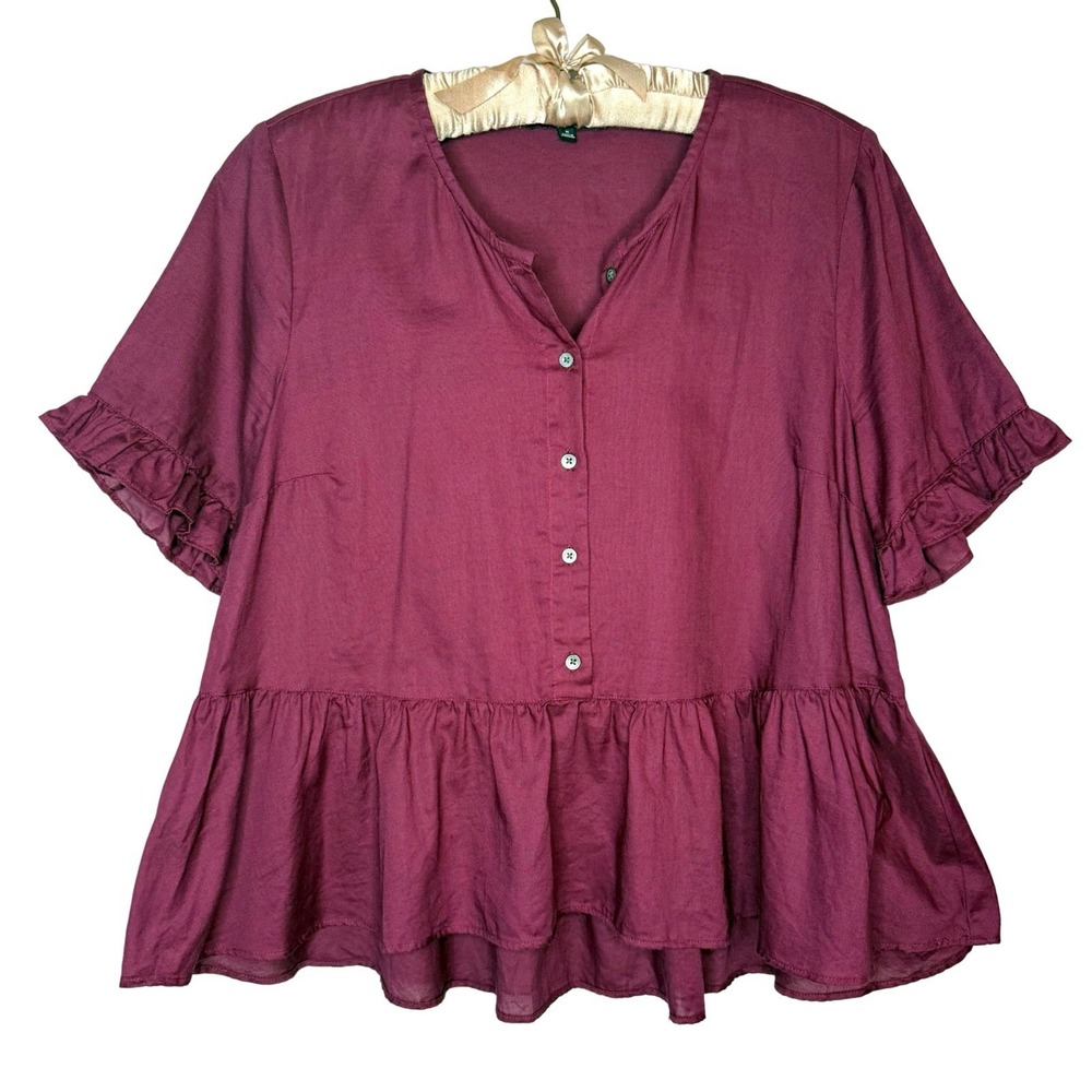 Madewell M Ruffle Peplum Blouse Top Boxy Crop Button Plum Burgundy Cotton
